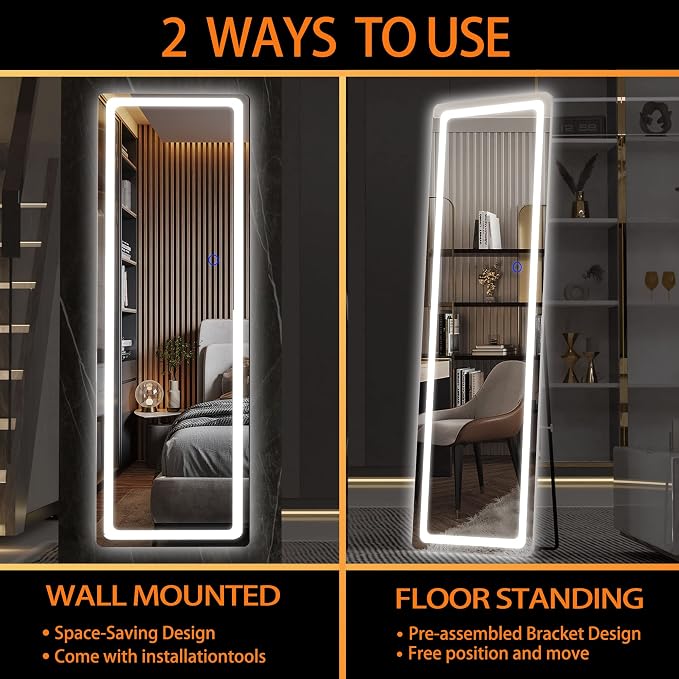 Hasipu Full Length Mirror with Lights, 56" x 16" LED Floor, Full Body Dressing Standing, Hanging Mounted Mirror, Round White
