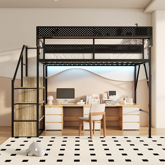 Full Size Metal Loft Bed with Storage Stairs, Wardrobe & Charging Station | Storage Shelve,Convertible Staircase,LED Lights, Solid Wood Stairs, Safety Guardrail, Noise-Free, No Box Spring Needed