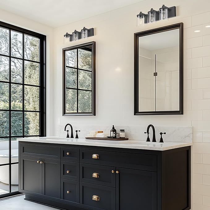 Bathroom Vanity Light, 3 Light Matte Black Vanity Light Fixture with Clear Glass Shade, 22 in Modern＆Farmhous Vanity Lights, Bathroom Light Fixtures Over Mirror for Bathrooms, Livingroom
