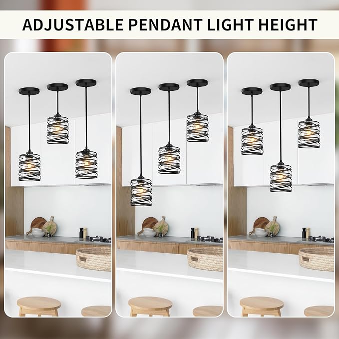 3 Light Pendant Lighting, Farmhouse Hanging Light Fixture for Kitchen Island & Dining Room, Industrial Vintage Ceiling Lamp with E26 Base, Adjustable Height, Black Spiral Cage Glass Pendant