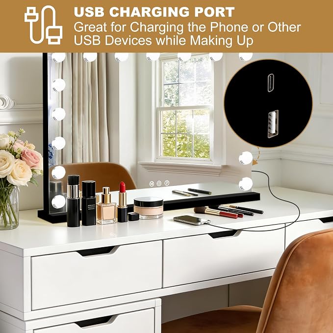 Moonee Vanity Mirror with Lights, Black Hollywood Lighted Makeup Mirror with 17 Dimmable Bulbs and 10X Magnification, 3 Colors Modes, Aluminum Metal Frame, Light Up Mirror for Tabletop/Wall（28" x 20"）