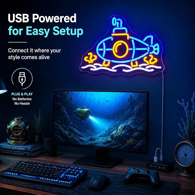 Submarine Neon Sign, RGB Color Changing, 16.5" x 10.7"IN | LED Underwater Sub Light, USB Powered, Wall Decor, Gamer Room Aesthetic, Boys Bedroom & Man Cave