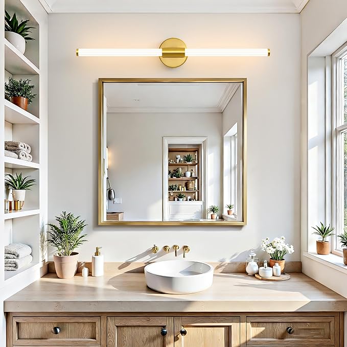 Dimmable LED Bathroom Vanity Lights 360° Full Lighting Bathroom Light Fixtures Over Mirror Vanity Light Bar Modern Wall Sconce Warm White for Bedroom Living Room Hardwired Gold, 31 inch