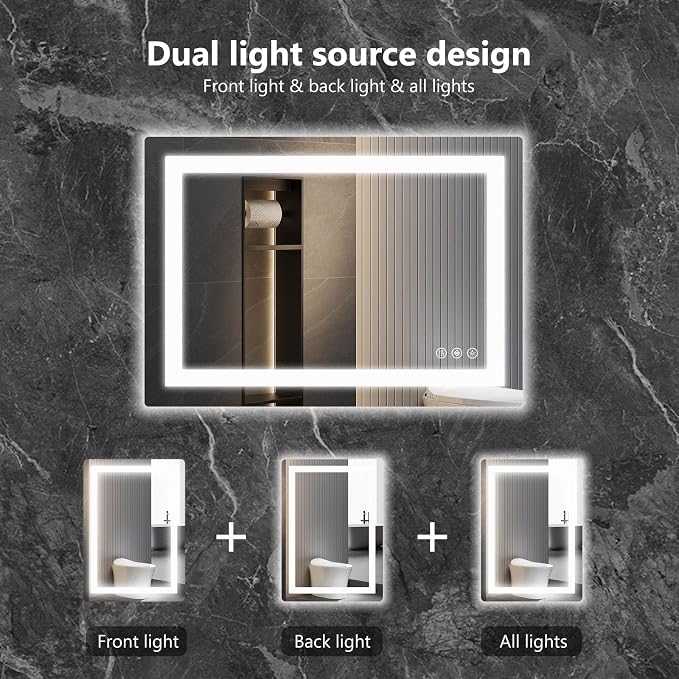 Sweetcrispy 28"x 36" Smart Anti-Fog LED Bathroom Mirror with Lights and Front Light & Backlit, 3 Color Temperatures, Dimmable, Memory Function, Rectangle Modern Vanity Mirror