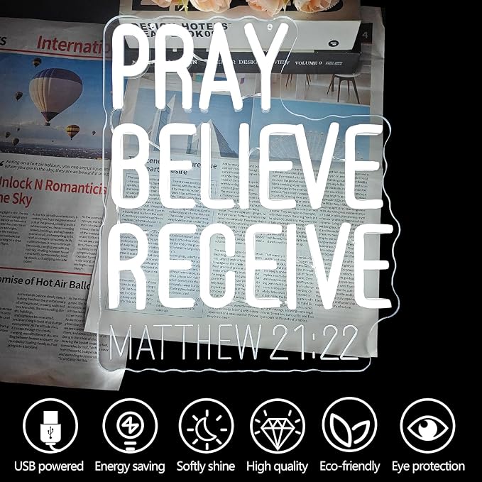 Pray Believe Receive Neon Sign for Wall Decor Matthew 21.22 Led Sign Religious Neon Light Dimmable Christian Light Up Signs for God Inspiration Faith Church Bible Verse Wall Art Bedroom Party Gift