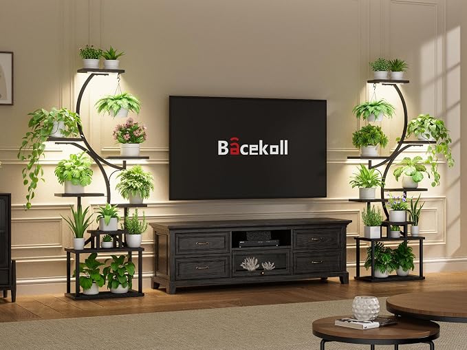 BACEKOLL Plant Stand Indoor with Grow Light, 8 Tier Corner Plant Shelf Tall | 62" Lighted Flower Holder for Plant Multiple, Space-Saving Beautiful Display Growing Rack for Home Patio, Sturdy Metal, Black