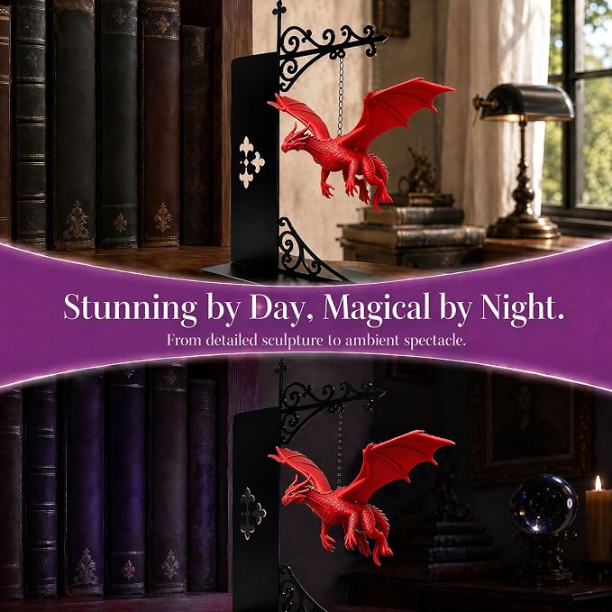 Magical Floating Dragon Bookshelf Lamp, Warm LED Dragon Night Light, Fantasy Reading Nook Decor, Unique Gift for Fantasy Lovers and Book Readers (red)