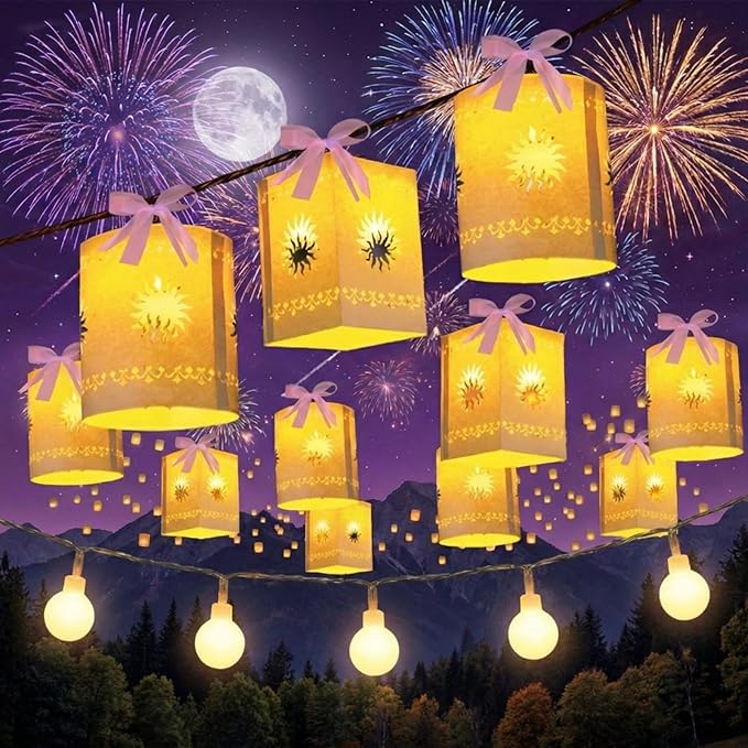 20 Pack Princess Sun Hanging Lanterns with LED Light Purple Princess Hanging Paper Lanterns DIY Set Sun Cutout Square Round Decorations for Photo Props Birthday Party (White)