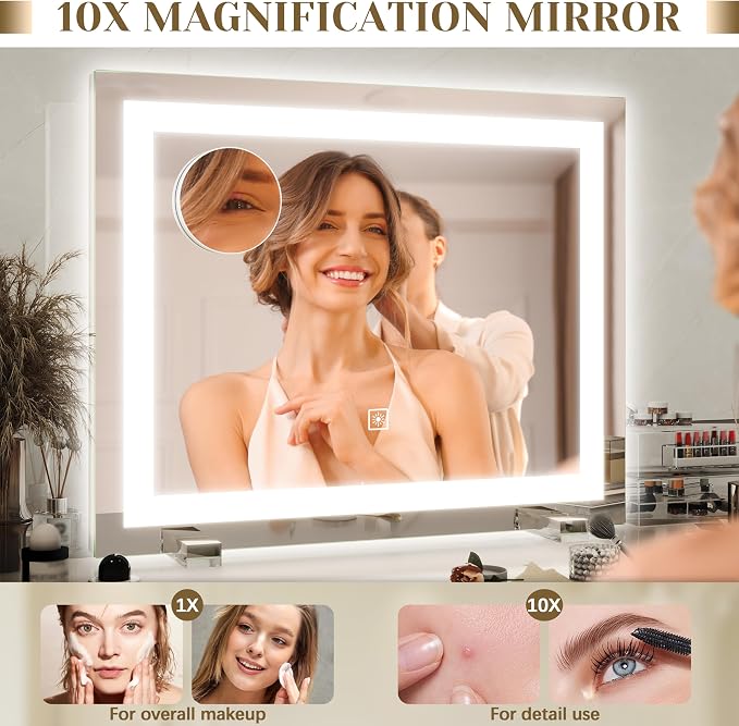 ROLOVE 22x20 Inch Lighted Vanity Mirror, 3 Color Modes, Dimmable, White | Large makeup mirror with touch-dimming LED lighting for dressing room, tabletop, or wall-mounted use