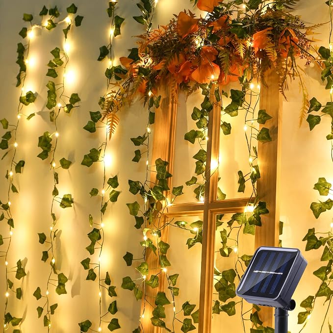 Brizled Solar String Lights, 33ft 100 LED Outdoor Ivy Vine Fairy Lights | 8 Modes; Artificial Leaf Solar Plant Vine Lights; Outdoor Ivy Fairy Light for Outside Wedding Garden Fence Wall Hanging Decor