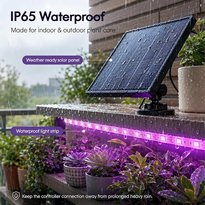 16.4FT Solar Grow Light Strip for Indoor Outdoor Plants | with Full Spectrum LED Waterproof Plant Growing Lights & 16.4FT Power Cord, Solar Panel, 2/4/8H Timer, for All Growth Stages
