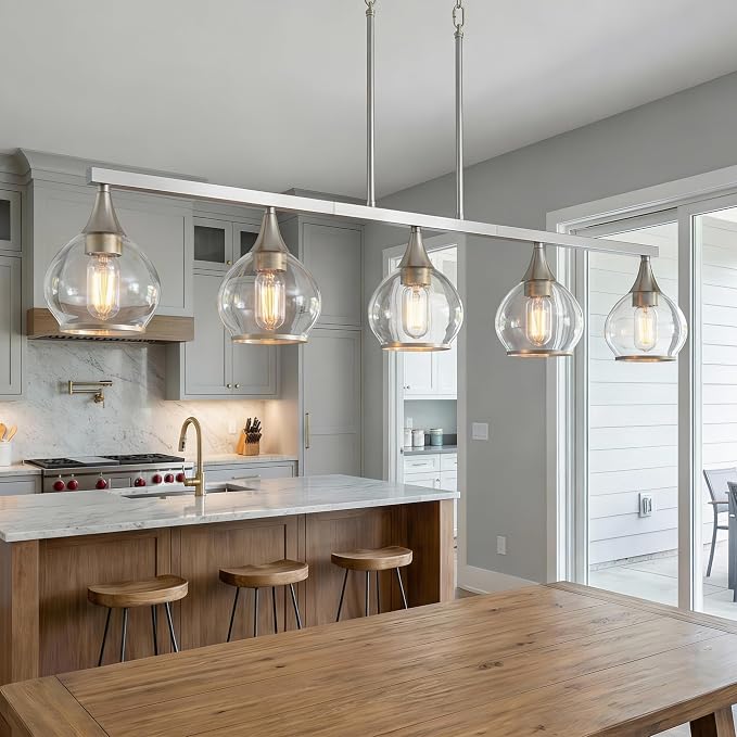 Kitchen Island Linear Pendant Light, 5-Light Brushed Nickeld Dining Room Chandelier with Clear Glass Globe Shades, Modern Linear Lighting Fixture Over Table