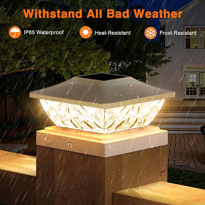 Solar Post Cap Lights Outdoor, 2 Modes Bright Solar Post Lights Outdoor Waterproof Fence Post Cap Lights, Outdoor Post Lights Solar Powered Deck Light for 4x4 4.5x4.5 5x5 Posts, 2 Pack