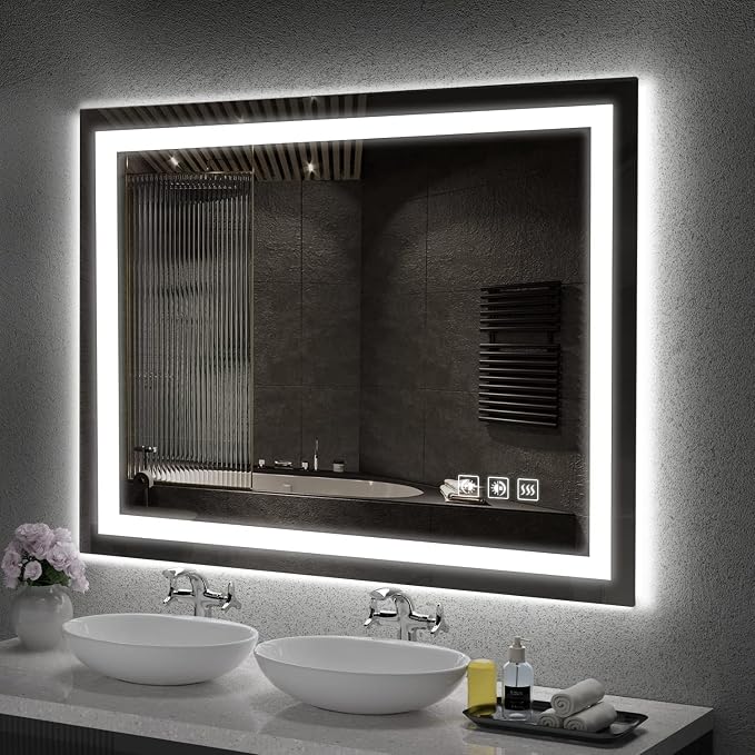 LED Mirror for Bathroom, 48x36 Inch Backlit + Front Lighted Bathroom Vanity Mirror with Lights for Wall, Double Light Strips, 3 Colors, Shatter-Proof, Anti-Fog and Brightness Memory | Bathroom Vanity Mirror with Lights for Wall, Double Light Strips, 3 ...