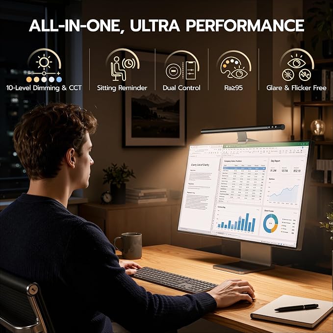 ARES WING Monitor Light Bar with Remote & Sedentary Alert, USB Desk Lamp | CCT Adjustable, 10-Level Dim LED Computer Light, Space Saving, Eye-Care Lightbar for Flat/Curved Monitor, Home Office Gaming