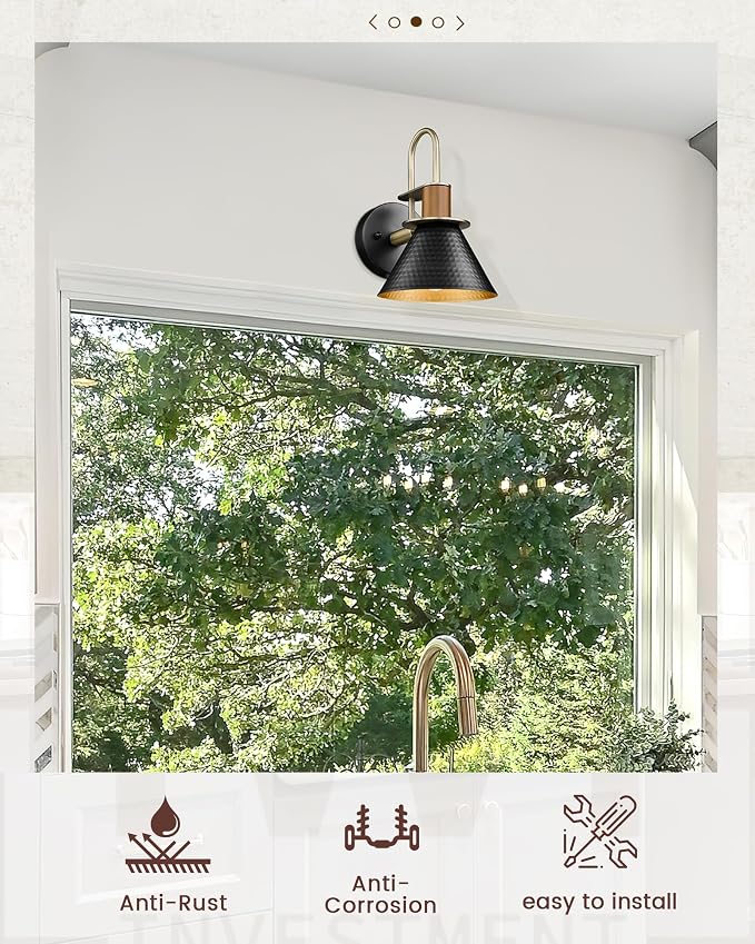 Modern Wall Sconces Set of Two, HWH Industrial Sconce Wall Lighting Indoor Wall Lamp, 1-Light Barn Vanity Light, Hammered Metal Shade, Black and Gold Finish, 5HZG74B-2 BK+BG