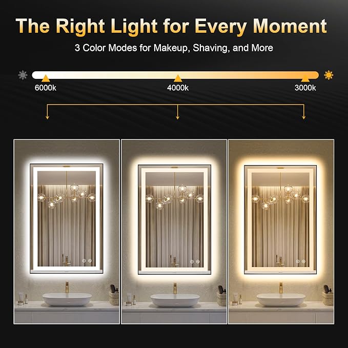 LED Bathroom Mirror with Light, 24x36 Vanity Mirror for Wall with Frame | Anti-Fog, Dimmable 3 Colors, Memory Function, Backlit and Front Lit, Shatter-Proof Glass, Plug-in/Hardwired