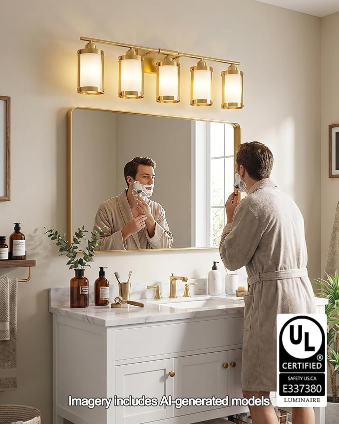 5-Light Brushed Gold Bathroom Light Fixtures Over Mirror with Frosted Milk Glass and Metal Cage Shade, 38" UL-Listed Modern Farmhouse Wall Sconce for Bath, Hardwire E26, OS-3014BGW-5W