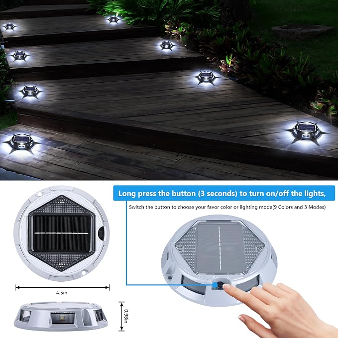 Solar Deck Light Outdoor, 12 Pack 9 Colors in 1 Solar Driveway Dock Lights, IP67 Waterproof Solar Powered Outdoor Light, RGB Step Lights for Outside Garden Yard Fence Stair Sidewalk Pathway Walkway