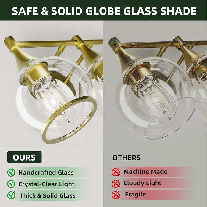 PAIHOME 3-Light Gold Bathroom Vanity Light Fixtures Over Mirror | Painted Gold, Anti-rust, UL-Certified, Elegant Globe Glass Shade, Modern Vintage, Easy to Install, Versatile Wall Decor Light
