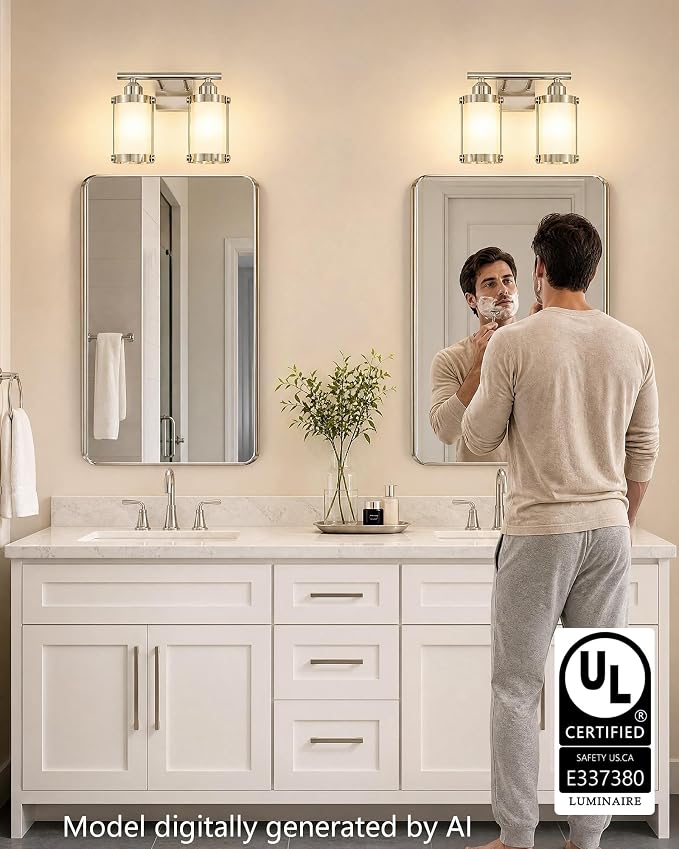 2-Light Brushed Nickel Bathroom Light Fixtures with Milk White Frosted Glass, 13.2" UL-Listed Modern Wall Sconce Over Mirror with Metal Cage for Bath, Hardwire E26, OS-3014BNW-2W