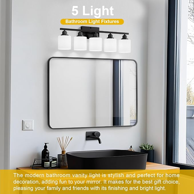 5-Light Bathroom Light Fixtures Over Mirror, Matte Black Vanity Lights, Modern Bathroom Vanity Light, Glass Shade & Anti-Rust Nickel Finished, Bathroom Light for Small Space