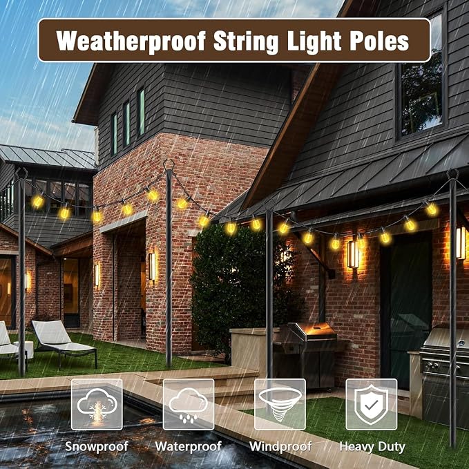 AILBTON 10Ft String Light Poles 6 Pack,Light Poles for Outside Lights,Outdoor with Fence Brackets Hanging Lights,Metal Stand Deck Patio Backyard