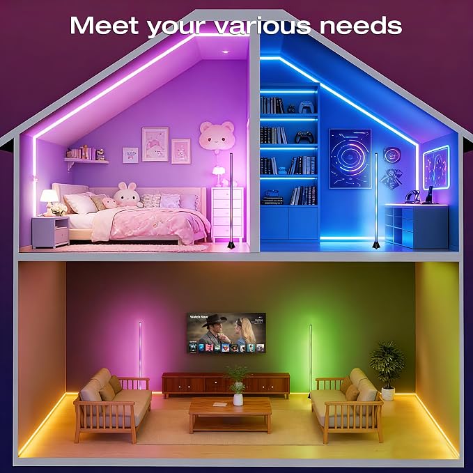 Corner Floor Lamp, Smart RGB LED Corner Lamp with App and Remote Control, Mood Lighting, 16 Million DIY Colors & 68+ Scene, Music Sync, Timer Setting for Living Rooms, Bedrooms, and Gaming Rooms