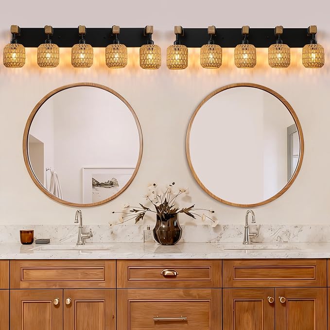 LmnLvn 5-Light Bathroom Vanity Light, Boho Farmhouse Rattan Handwoven Shade | Wood & Metal Frame, Rattan Vanity Light Design, Mounted Over Mirror, Easy To Install for Restroom, Bedroom & Hallway