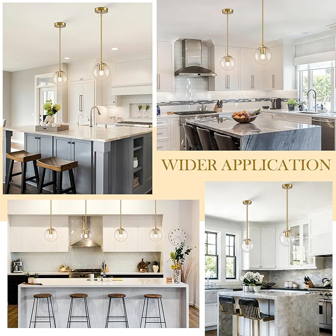 6" Globe Pendant Light Gold 2 Pack Mid Century Pendant Light Globe Pendant Lights Kitchen Island Brushed Brass Finished with Clear Glass Adjustable Ceiling Light Fixtures for Dining Room Bar