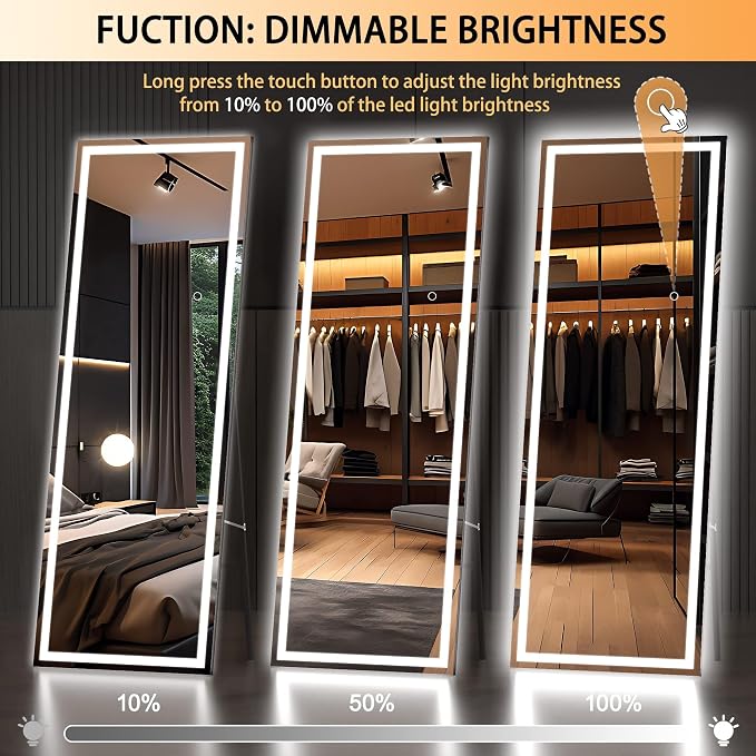 Hasipu Full Length Mirror with Lights, 66.9" x 23.6" LED Lighted Floor Standing, Full Body Dressing Hanging Mounted Mirror, Tempered Glass