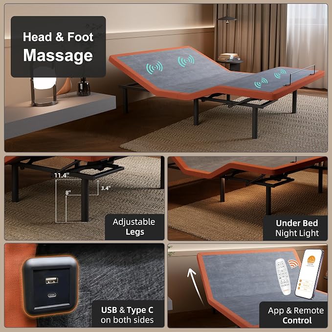 Queen Adjustable Bed - 12“ Luxury Memory Foam Hybrid Mattress, 3000 Series | (Medium), 609 Pocket Springs, 5 Minutes Installation, 609 Independent Pocket Springs, Massage