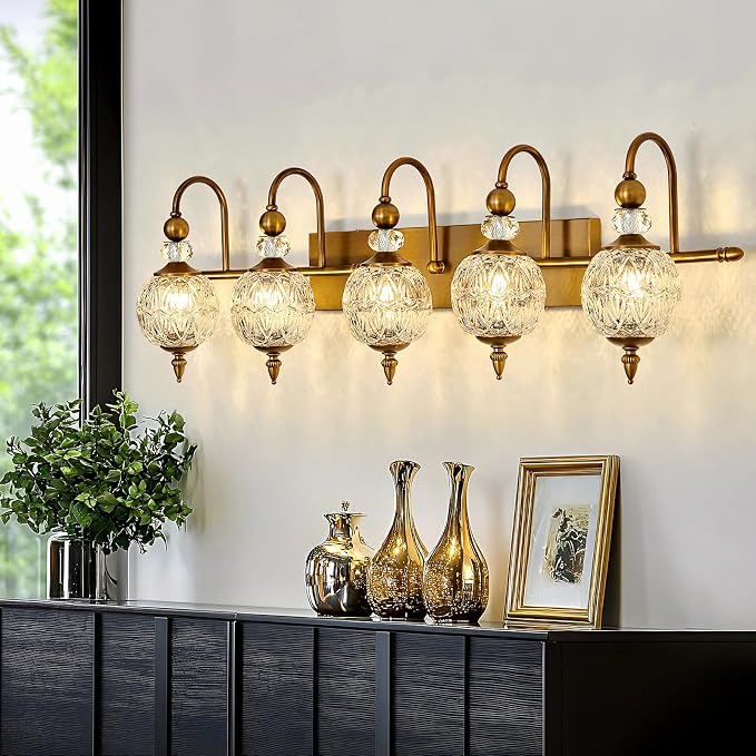 Piepooye Vintage Bathroom Lights Fixtures Gold Vanity Light with Glass Globe LampShade 5 Light Brushed Brass G9 Bulb Wall Sconce Antique Indoor Vanity Light Over Mirror for Kitchen Bedroom Living Room