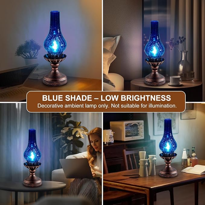 Vintage Table Lamp with Blue Crackle Glass Shade,Touch Control & 3-Way Dimmable Rustic Retro Farmhouse Bedside Lamp for Bedroom, Living Room, Cabin, Office (2700K LED Candle Bulb Included)