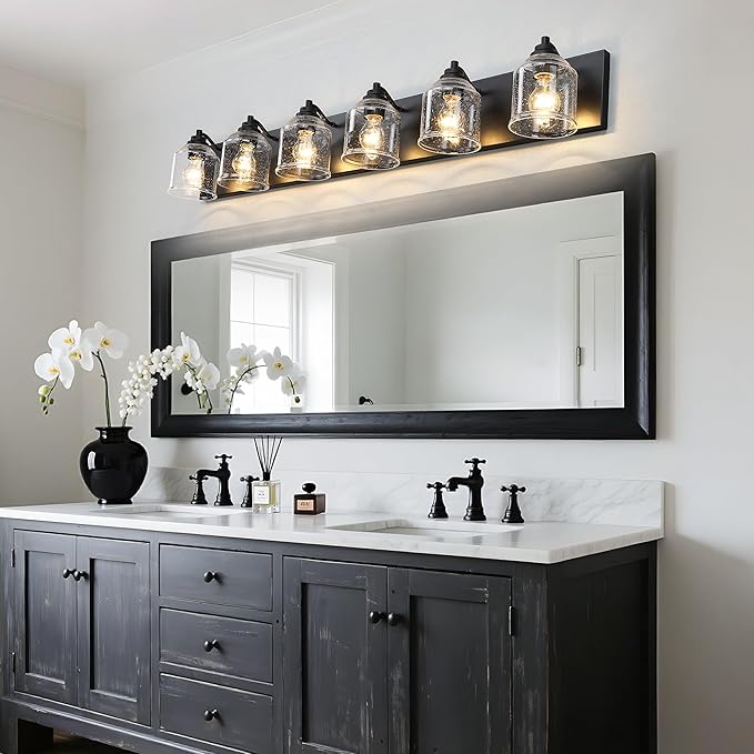 Vanity Lights for Bathroom Large 48 inch, Farmhouse Rustic Vanity Light with Bubble Glass Shades, Black 6 Light Bathroom Lighting Fixtures Over Mirror, Bath Wall Sconce Home Decor