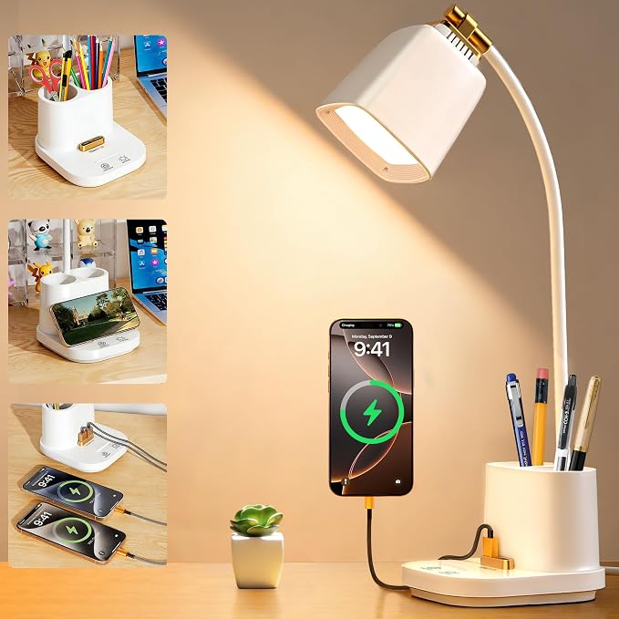 LED Desk Lamps for Home Office with Charger, Organizer, Desk Light Table Lamp for Bedroom, Study, Reading, Work, Nail, Gooseneck Small Desk Lamp for Artist, Puzzle, Drawing, Eye-Caring LED Office Lamp