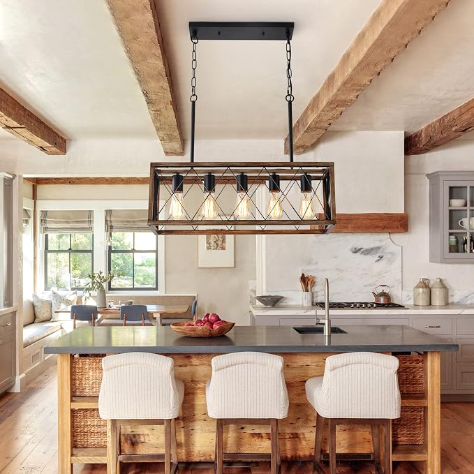 KEESFU 5-Light Farmhouse Chandeliers for Dining Room, Kitchen Island Lights | Farmhouse Light Fixtures with Adjustable Height; Dining Room Light Fixture for Table & Over Sink; Wood Grain color;E26 Base