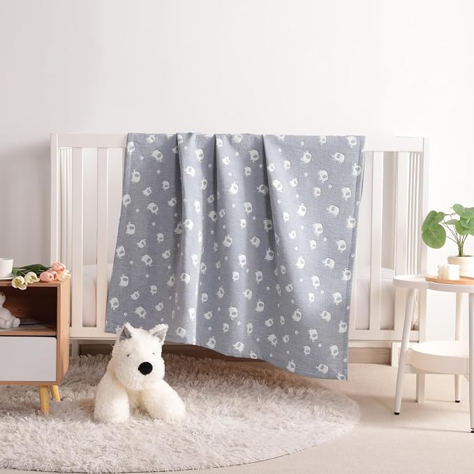 NTBAY 3 Layer Muslin Toddler Blanket, 30 x 40, Blue Elephant | Breathable Muslin Cotton Outer Layers with Light Thermal Fill, Reversible for Stroller, Daycare, Travel, and Supervised Use
