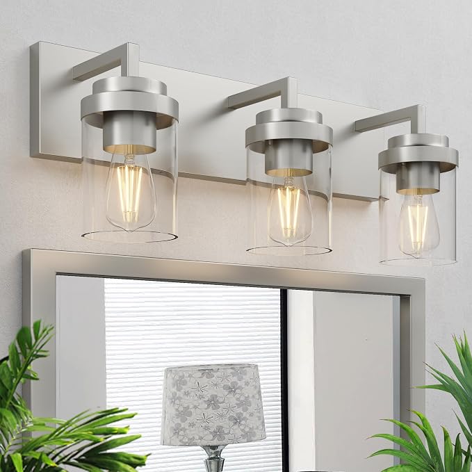 Bathroom Lighting Fixtures, 3-Light Bathroom Vanity Lights Over Mirror, Brushed Nickel Vanity Light with Glass Shade, Modern Vanity Lighting Fixtures for Bathroom, Bedroom, Hallway