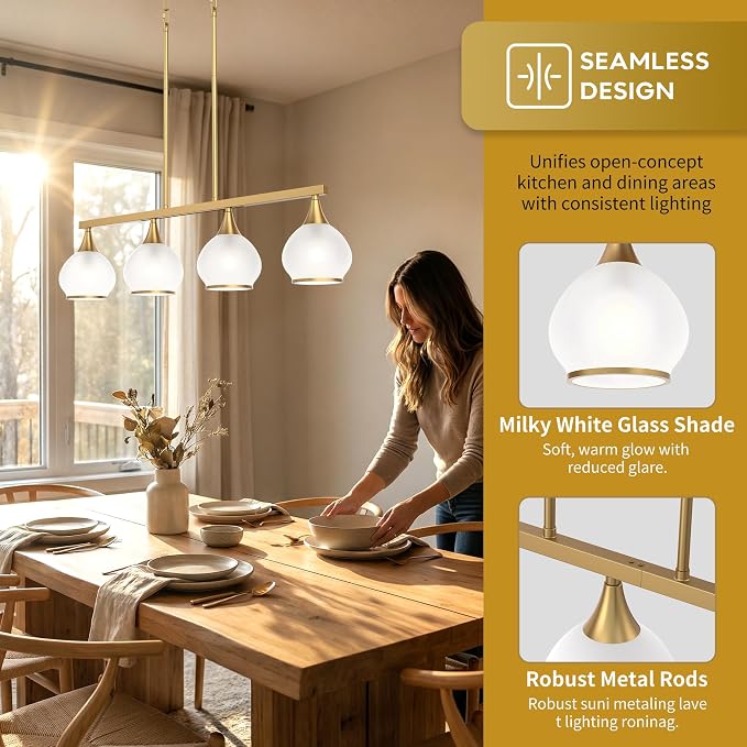 Kitchen Island Linear Pendant Light, 4-Light Gold Dining Room Chandelier with White Glass Globe Shades, Modern Linear Lighting Fixture Over Table