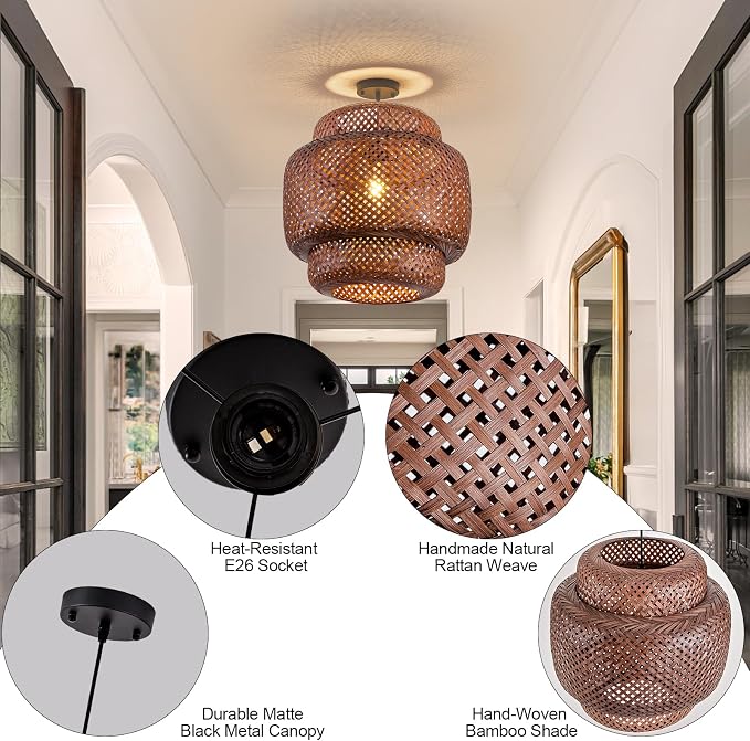 TeruTeru Ji Kaikang Bamboo Pendant Light,15.75" Curry Rattan Hanging Light | 1-Pack Brown Wicker Pendant Light,Hand Woven Chandelier for Kitchen Island Dining Bedroom Living Room Restaurants
