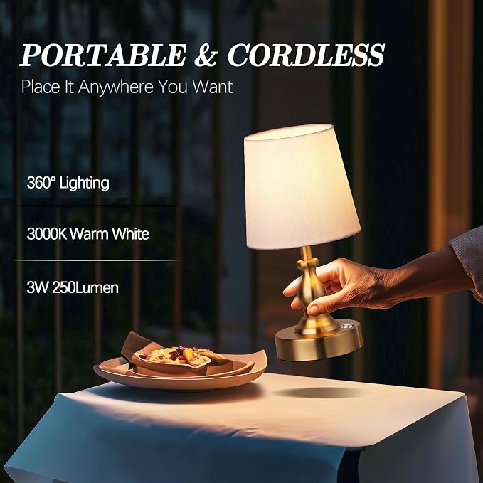 Mini Cordless LED Table Lamp, 5200mAh Rechargeable Battery Operated Lamp, 3-Level Brightness, Touch Dimmable Desk Lamp, Bedside Night Light for Patio Camping Restaurant Home, Antique Brass
