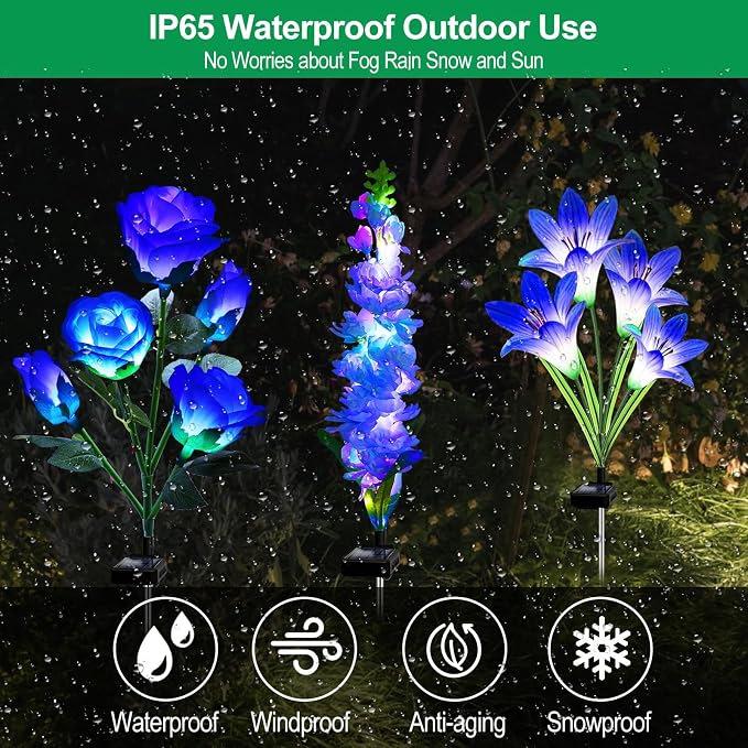 Solar Garden Lights Waterproof, 3 Pack Solar Flowers Lights Includes Lily Rose Delphinium, Gardening Gifts for Mom Grandma Women, 7-Color Changing Outdoor Decor for Garden Yard Patio Lawn