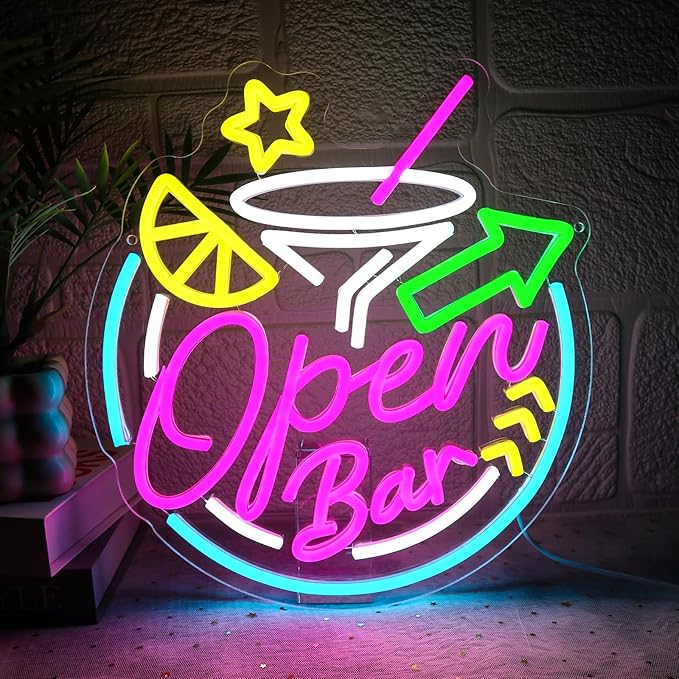 Open Bar Neon Sign for Wall Decor Dimmable 13.78" x 12.6" Led Open Sign for Cocktails Bar Neon Light for Business Home Pub Man Cave Beer Party Cocktail Club Shop Decoration