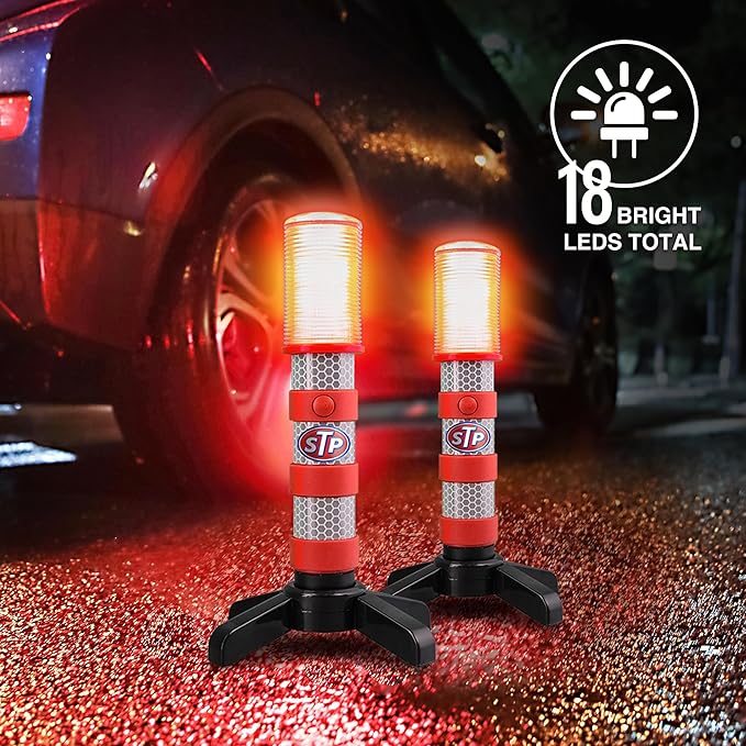 XTREME STP LED Road Flares, 3 Alert Lighting Modes: Flashing Red, Solid Red & White Flashlight, Emergency Flares for Vehicles, Visible From Up To A Mile, Foldable Stand/Built-In Magnet Sticks To Car