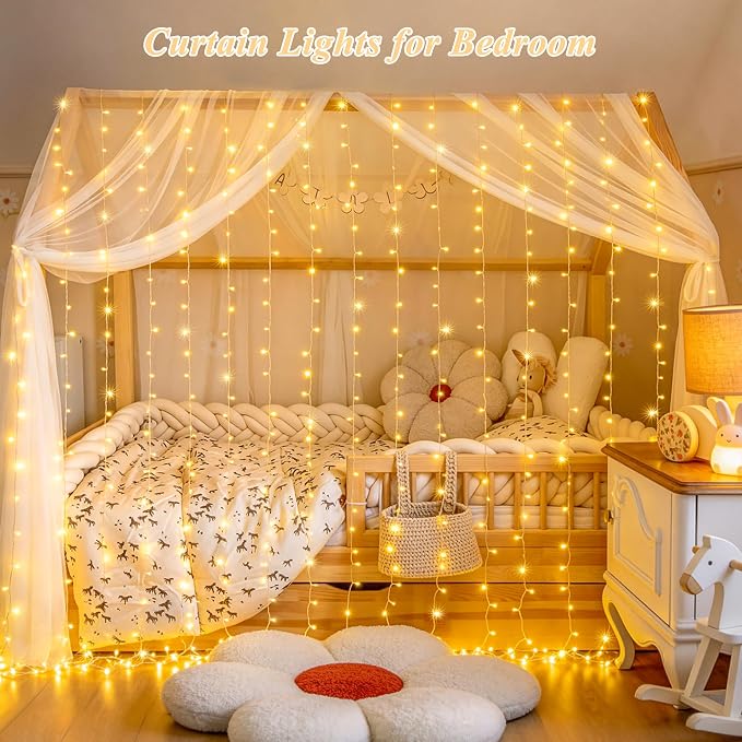 JMEXSUSS USB Plug in Curtain Lights 200 LED with 8 Modes, 6.5ftx6.5ft | Remote, Warm White Curtain Fairy Lights, String Lights for Bedroom, Classroom, Dorm, Wedding, Xmas, Party Decor