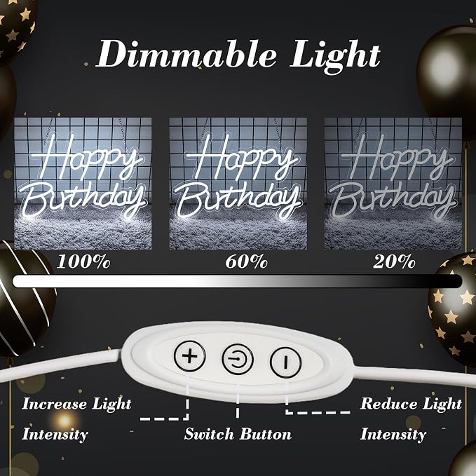 Happy Birthday Neon Sign for Backdrop, LED Happy Birthday Light Up Sign, USB Powered Dimmable Neon Light for Birthday Party Decorations, Wall Decor, White, 16.5 x 12 inch