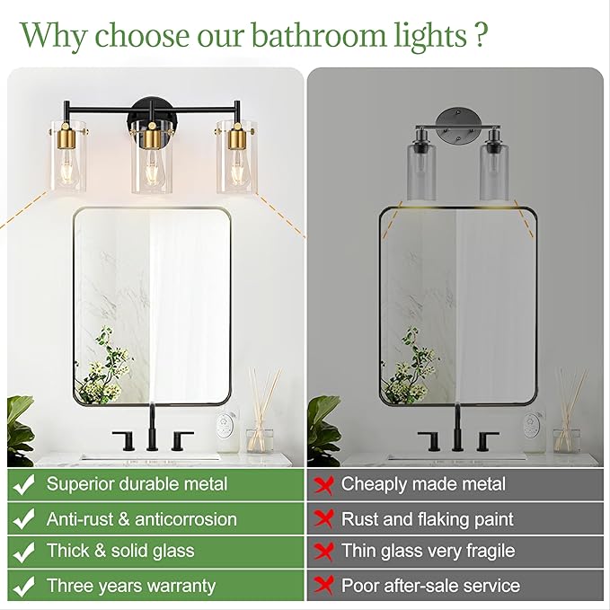 Bathroom Light Fixtures, 3-Light Black and Gold Vanity Light, Black Bathroom Lights Over Mirror with Clear Glass Shade for Mirror Bedroom Living Room