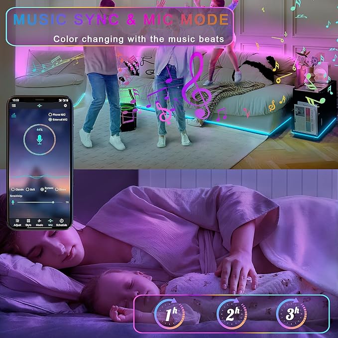 LED Strip Light Motion Sensor Under Bed Lights 2*9.84FT RGB,Remote/APP Control/Dimmable/Music Sync/Auto-Off Timer/Motion Activated Led TV Night Light for Bed Stair Cabinet Party Desk Wardrobe,Decorate