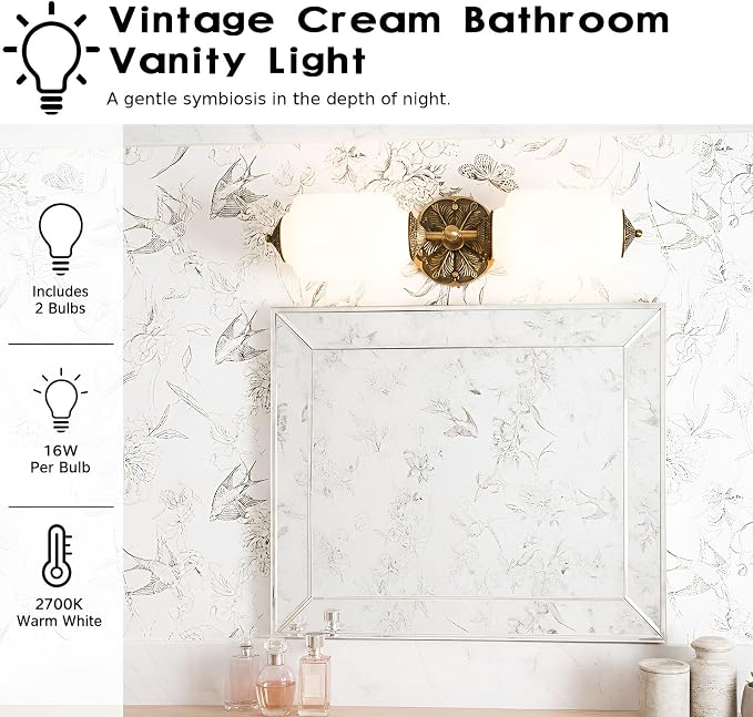 Milk Glass Bathroom Vanity Light - 2-Light Wall Sconce with Brass Finish Base & Green Glass Shade - Wall Sconce Lighting for Mirror, Kitchen, Living Room (White Glass with Gold Metal Accents)